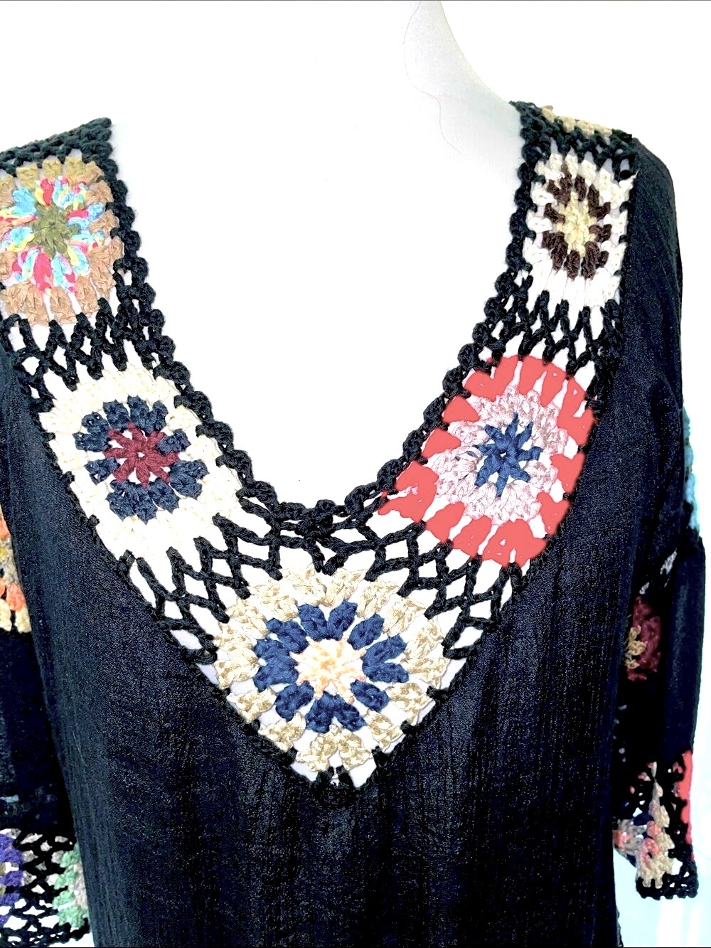 Women’s EUC Black Bohemian V-neck tunic granny square crochet accents - Picture 2 of 7